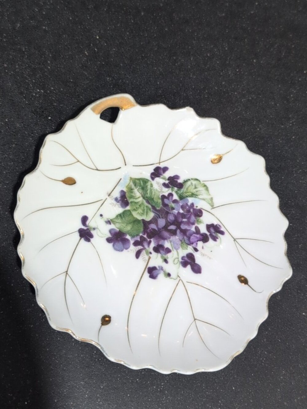 Vintage Porcelain Leaf-shaped Decorative Plate/ Trinket Tray Featuring Violets